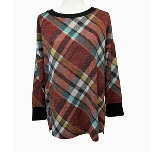 Chris & Carol Women's 1X Plaid Knit Tunic Top Rust Teal Black NWOT Made in USA